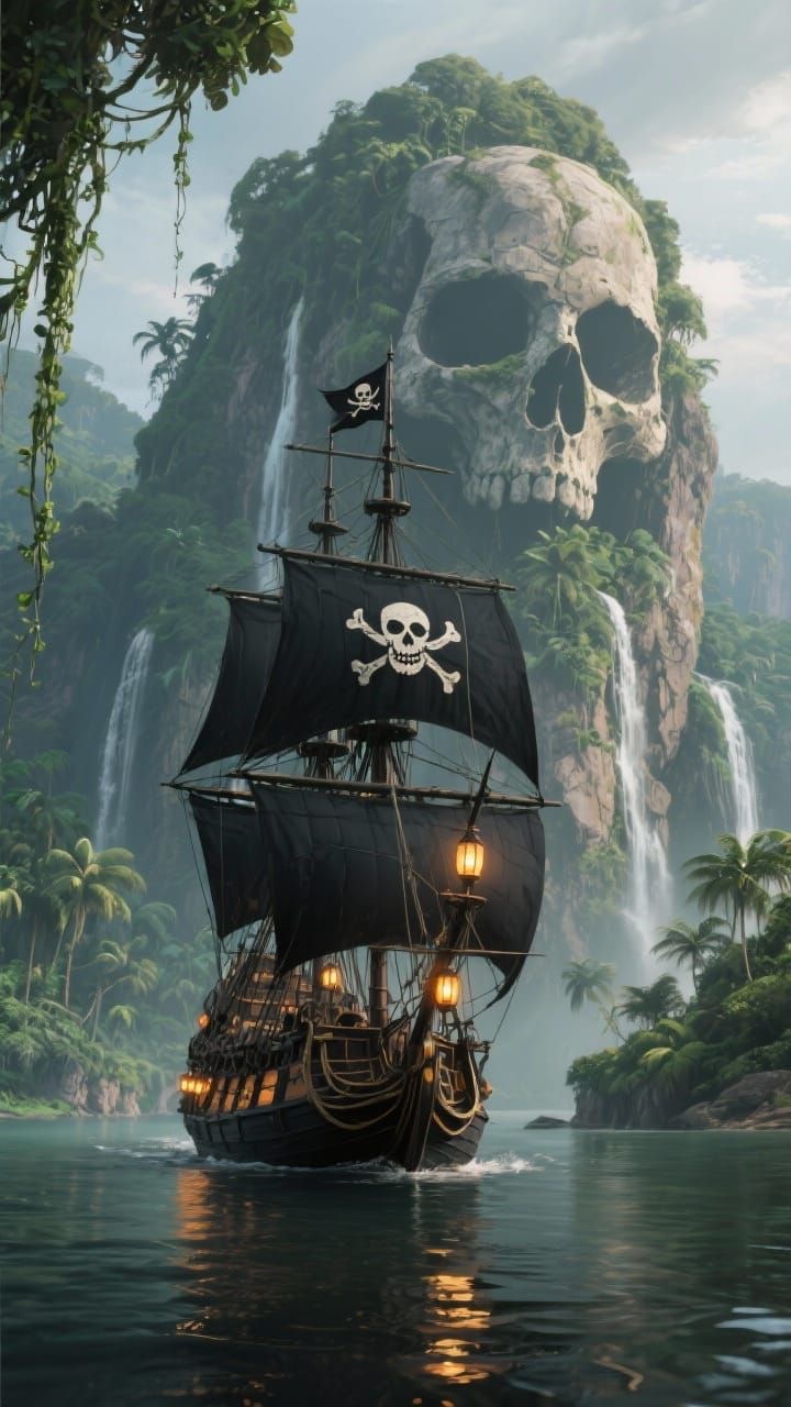 Original pirate ship and skull island artwork